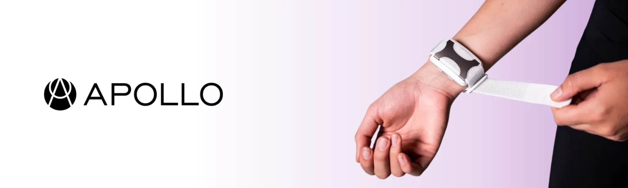 An Apollo wearable being fastened on a wrist, beside the Apollo wordmark.