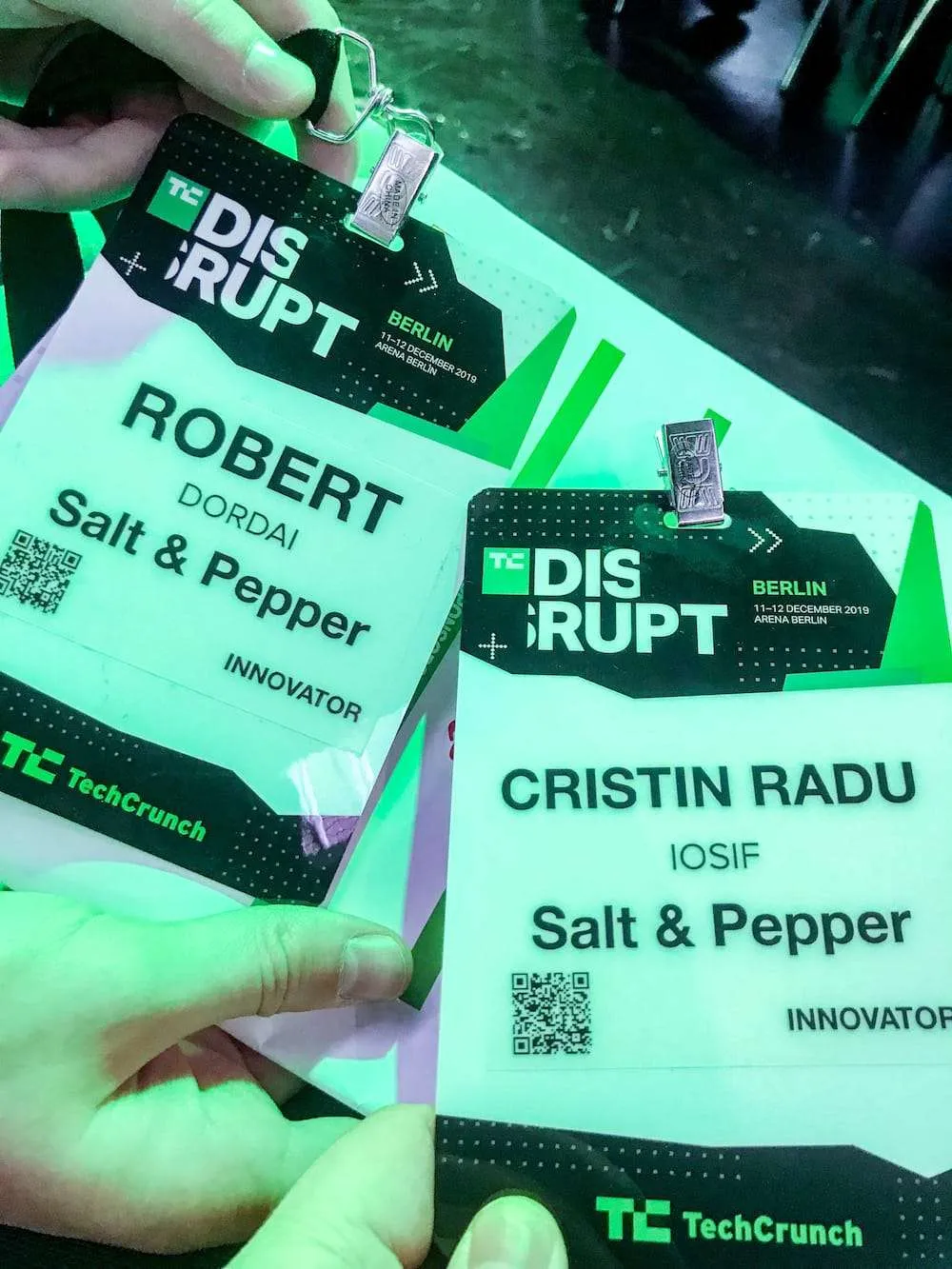 Two TechCrunch Disrupt Berlin badges, 11-12 December 2019, Arena Berlin, for Robert Dordai and Cristin Radu Iosif of Salt &amp; Pepper, both marked “Innovator”.