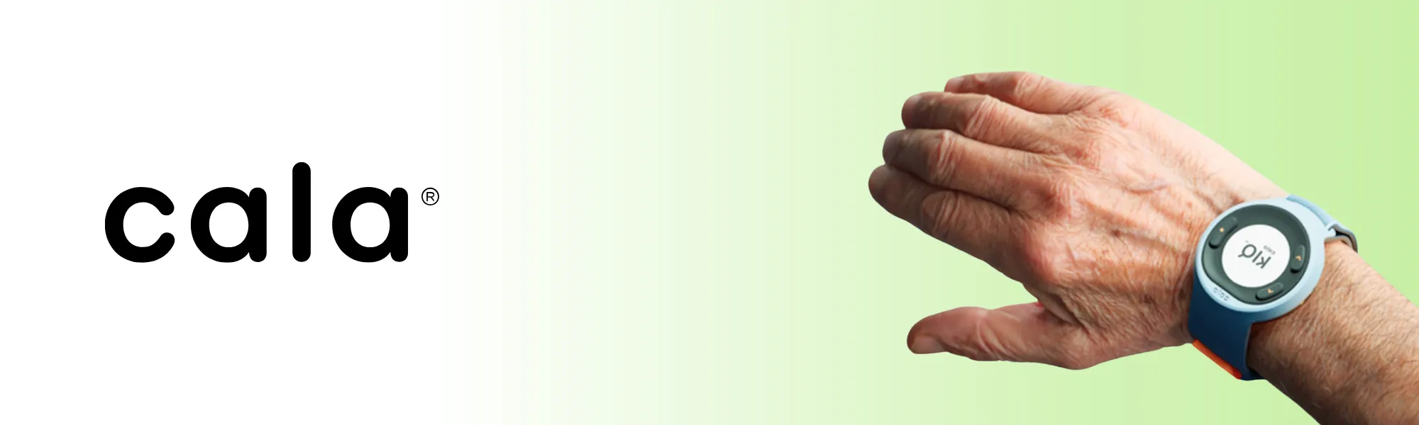 The Cala kIQ on the wrist of an older hand, beside the Cala wordmark.