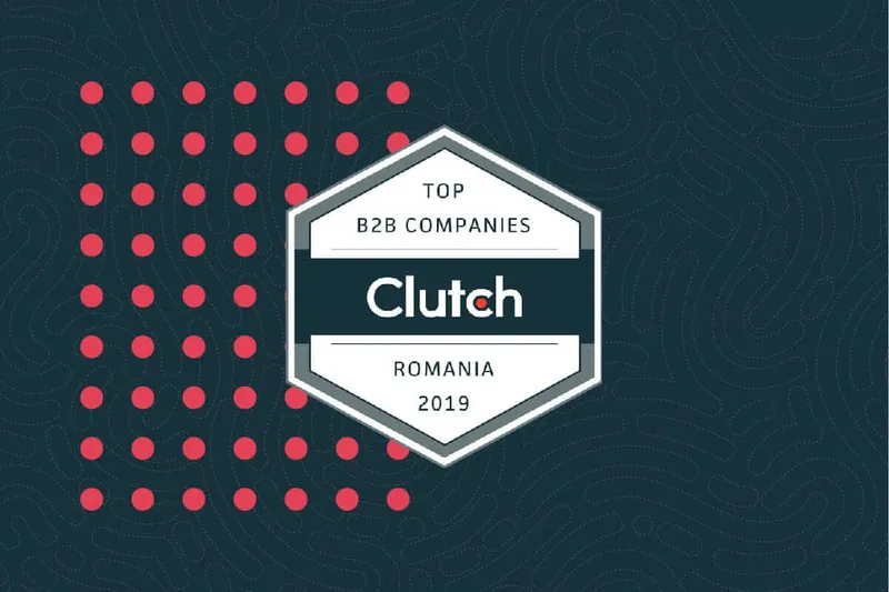 The Clutch Top B2B Companies Romania 2019 badge on a dark ground, beside a grid of coral dots.