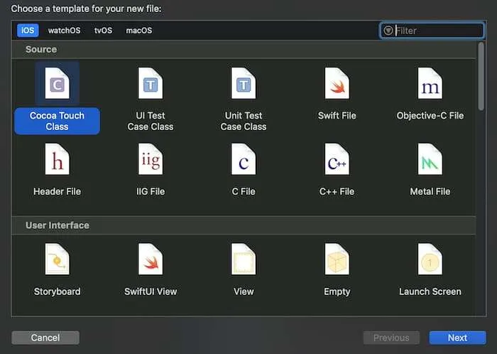 Xcode’s template picker for a new file, with Cocoa Touch Class selected.