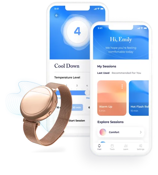 Two screens of the Embr Wave app beside the rose gold Wave wristband.