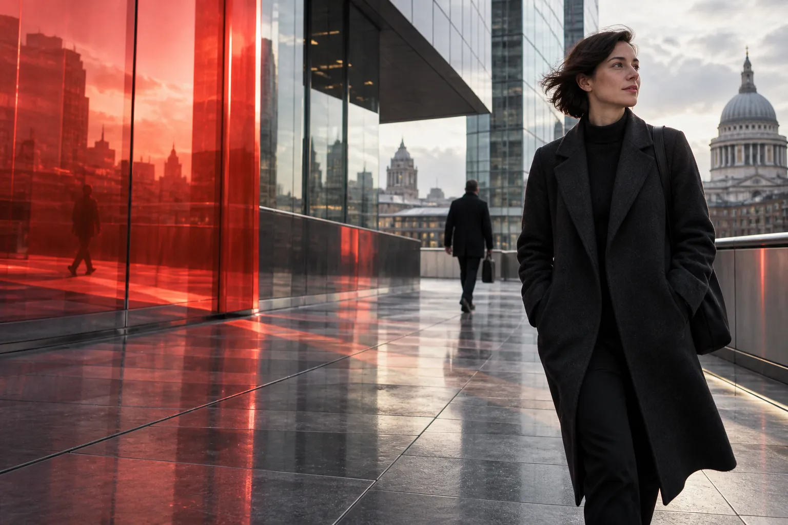 A woman beside coral glass in a city. Generated editorial photography.
