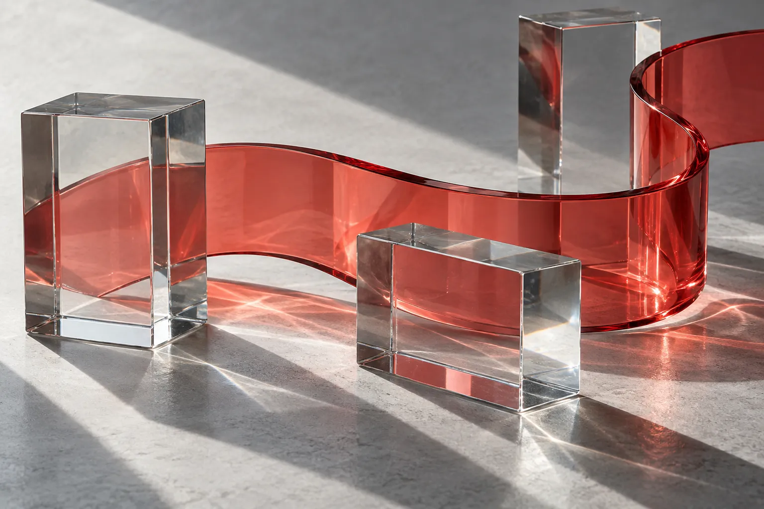 Coral glass connecting clear blocks. Generated editorial still life.