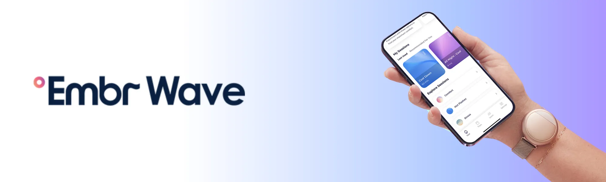 The Embr Wave on a wrist beside its companion app, under the Embr Wave wordmark.
