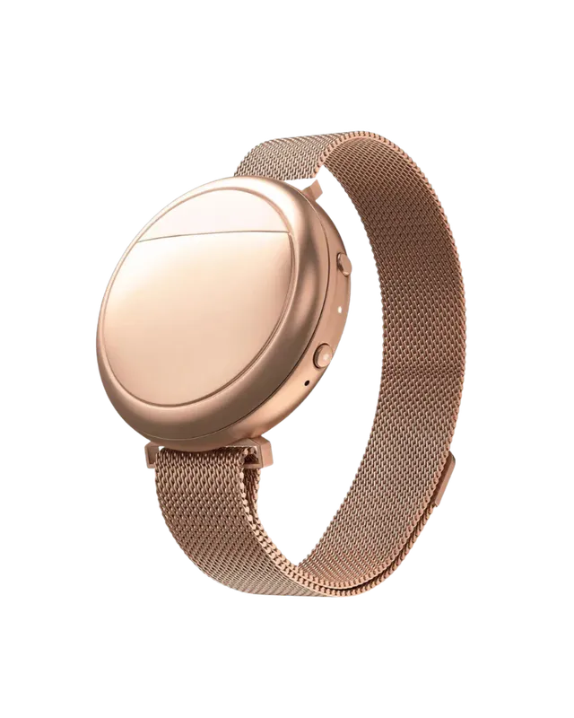 The complete Embr Wave wearable with its rose-gold face and woven strap.