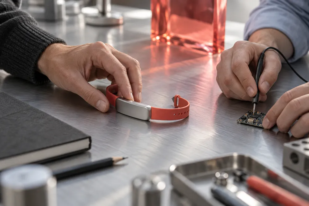 Hands testing a wearable prototype on a workbench. Generated concept photography.