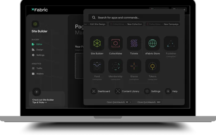 The xFabric site builder on a laptop.