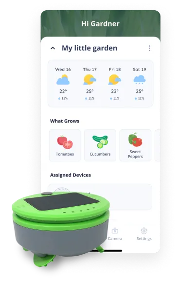 The Tertill app’s garden screen beside the Tertill weeding robot.