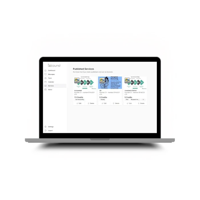 The Counsl platform on a laptop, showing published services.