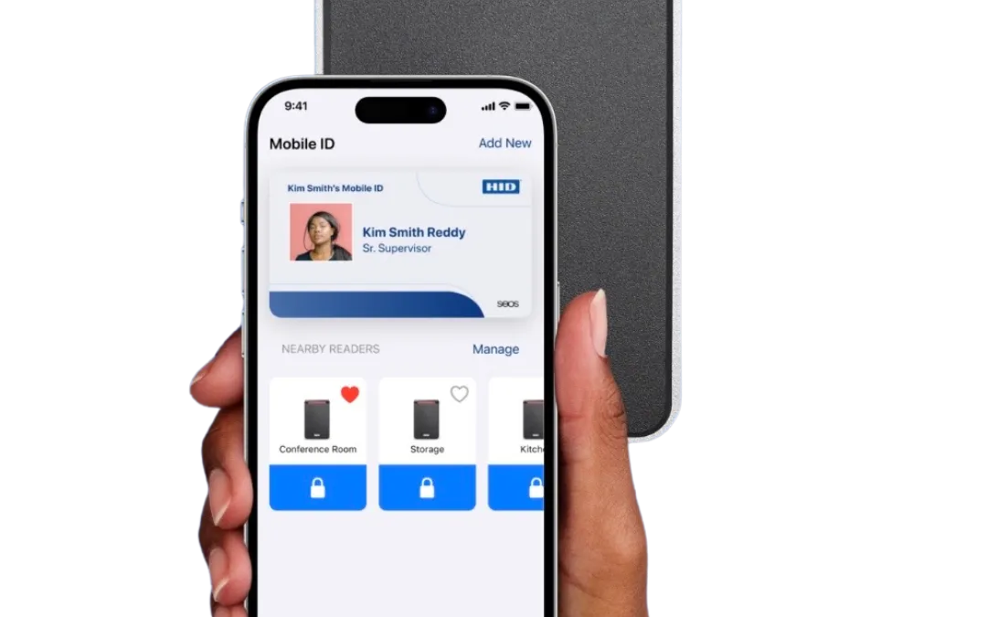 The HID Mobile ID app held beside an access-control reader.