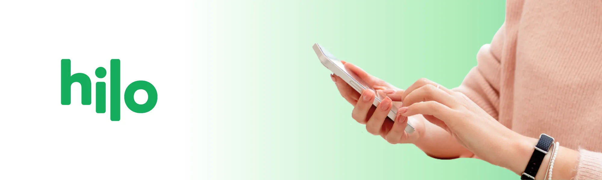 A Hilo band on a wrist while its wearer checks the app, beside the Hilo wordmark.