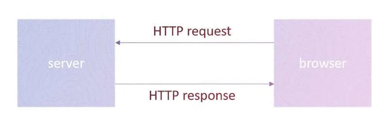 The browser sends an HTTP request to the server, and the server sends back an HTTP response.
