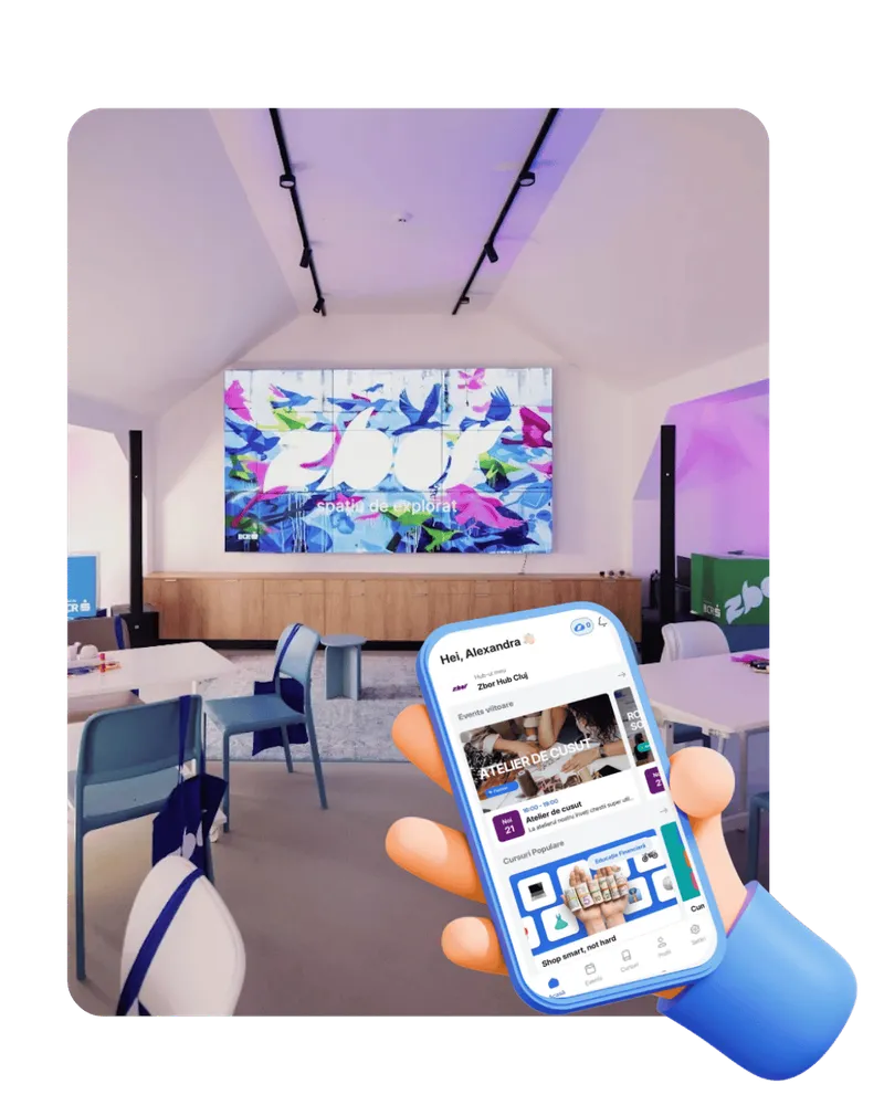 A Zbor hub with the mobile app in the foreground.