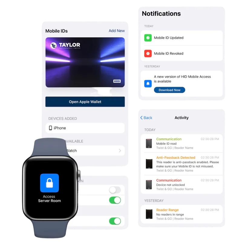 HID Mobile Access screens on an iPhone and an Apple Watch.