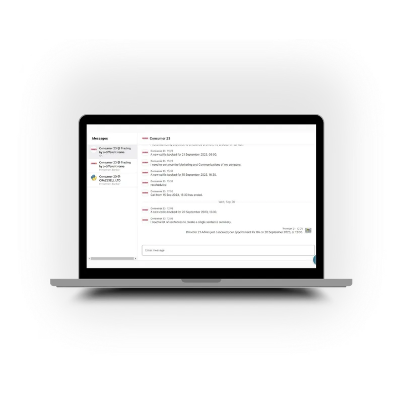 A conversation between a business and a service provider on the Counsl platform.
