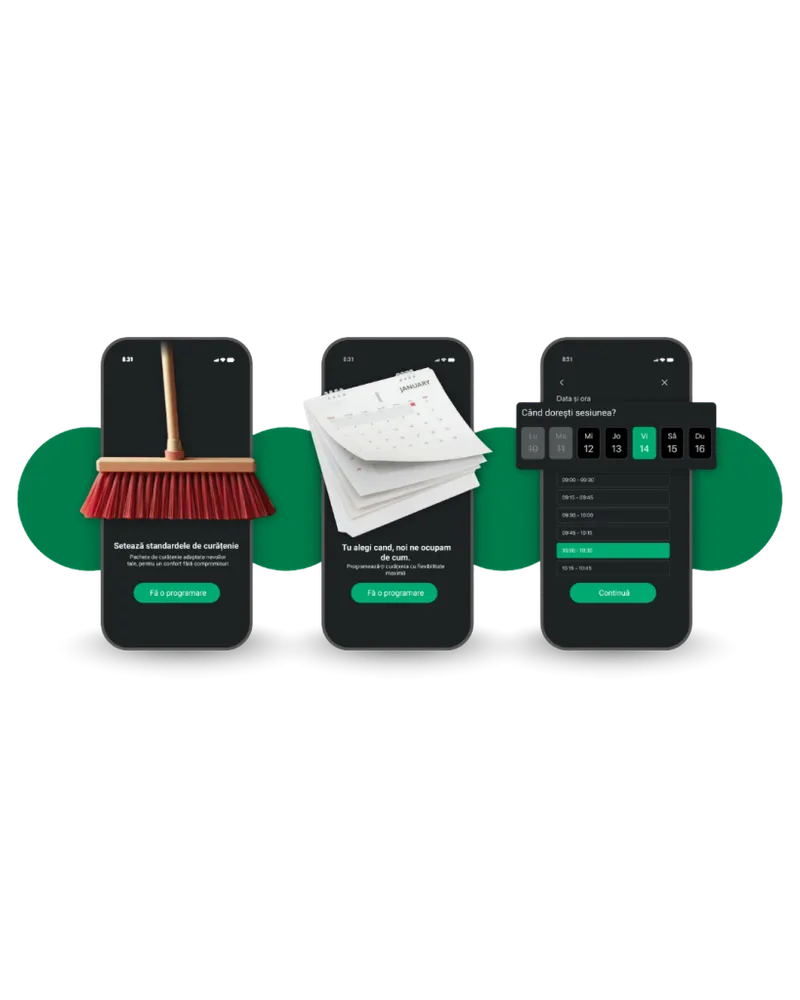Three screens of the Ordonat app for booking a cleaning.