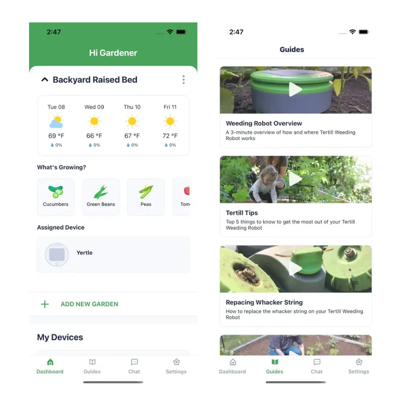 Two screens of the Tertill app with the garden overview and weeding guides.