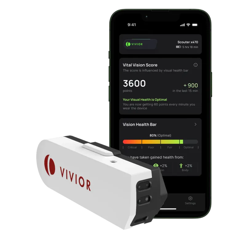 The Vivior app’s vital vision score beside the Vivior sensor.