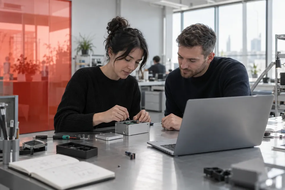 Two engineers working on a connected sensor at a workshop bench. Generated concept photography, replaceable with a team photo.