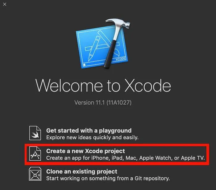 The Welcome to Xcode window, with “Create a new Xcode project” marked in red.