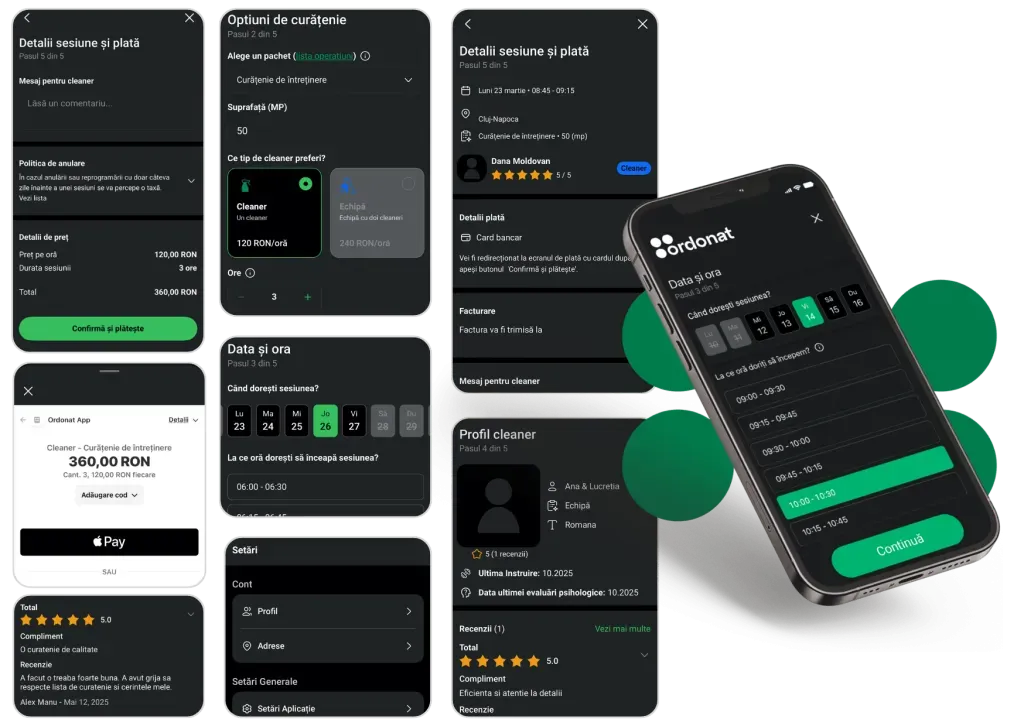 The Ordonat mobile app and web platform for booking cleaning services.