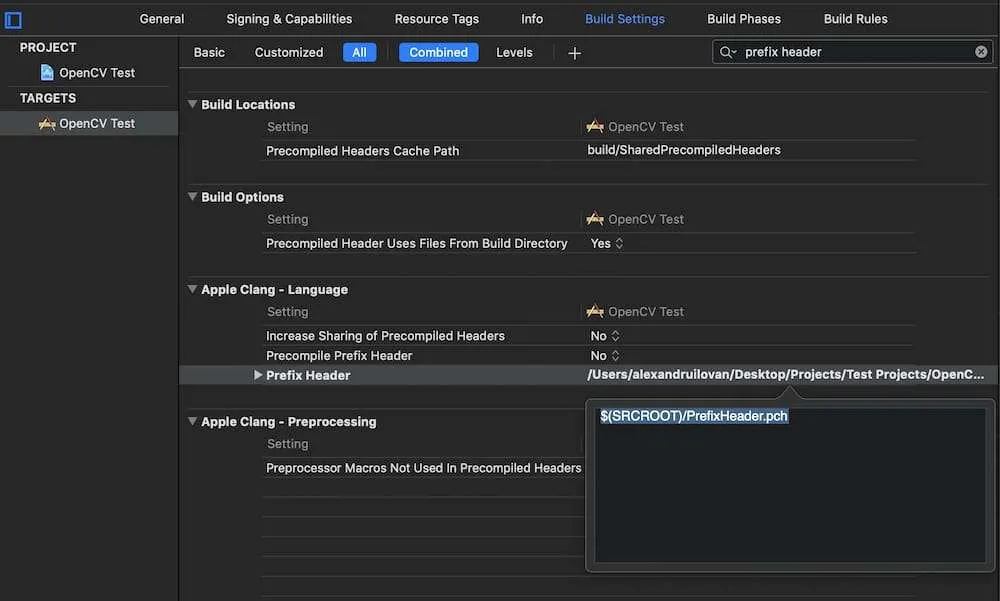 Xcode’s Build Settings filtered for “prefix header”, with the Prefix Header setting set to $(SRCROOT)/PrefixHeader.pch.