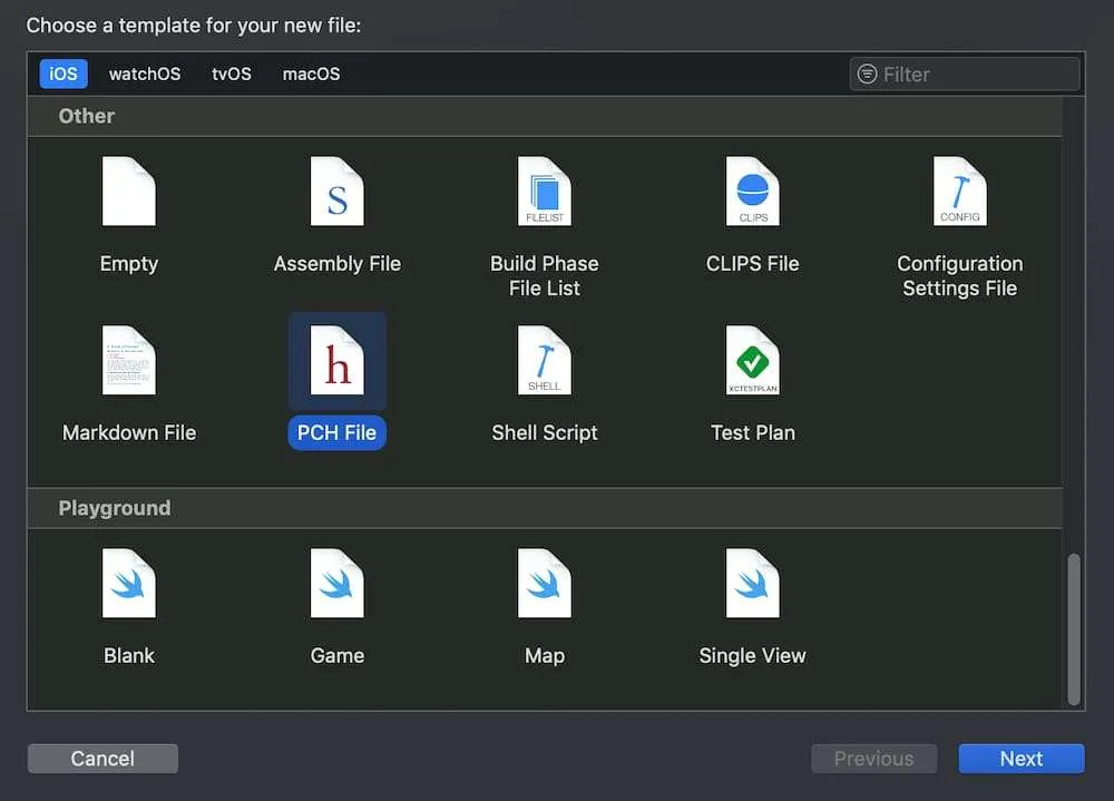 Xcode’s template picker for a new file, with PCH File selected.