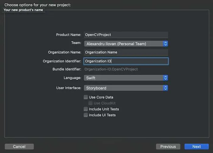 Xcode’s options for the new project: the product name OpenCVProject, Swift as the language and Storyboard as the user interface.