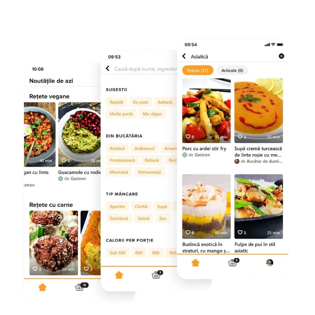 Three screens of the Prepino app with vegan recipes, search and a recipe list.