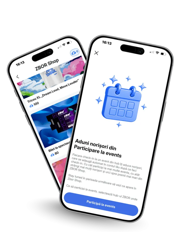 The Zbor shop and an event invitation in the app.