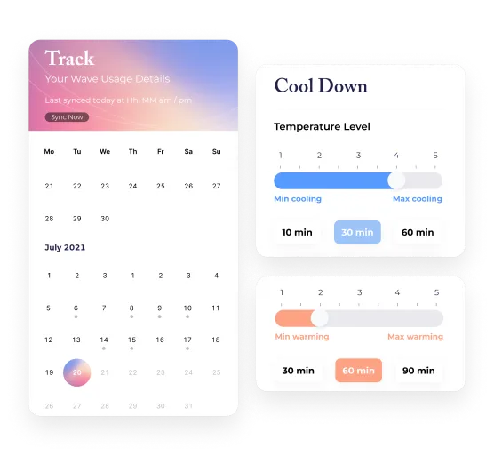 Embr Wave app screens: the usage calendar and the cooling and warming controls.