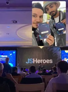 A collage: two developers holding up their conference badges in a selfie, over a view of the JSHeroes stage from the audience.
