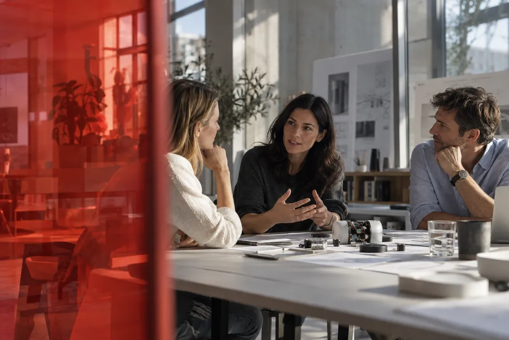 A design team discussing a connected-device prototype, seen through coral glass. Generated concept photography.