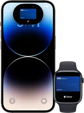An HID credential in Apple Wallet on an iPhone and an Apple Watch.