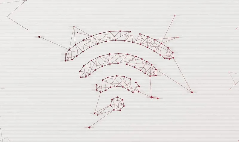 A Wi-Fi symbol drawn as a network of dark red nodes and lines on a pale ground.