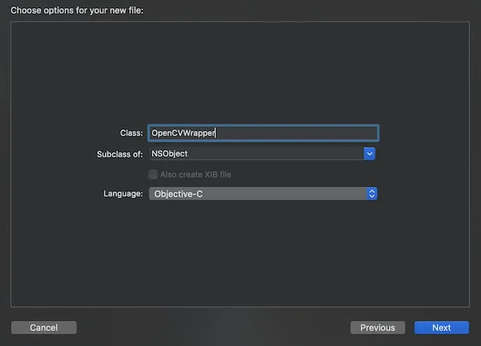 Xcode’s options for the new file: the class OpenCVWrapper, a subclass of NSObject, in Objective-C.